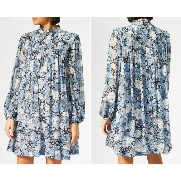 GANNI Elm Georgette Mini Dress Blue Floral Size 40 Long Sleeve Modest Viscose - Picture 1 of 13